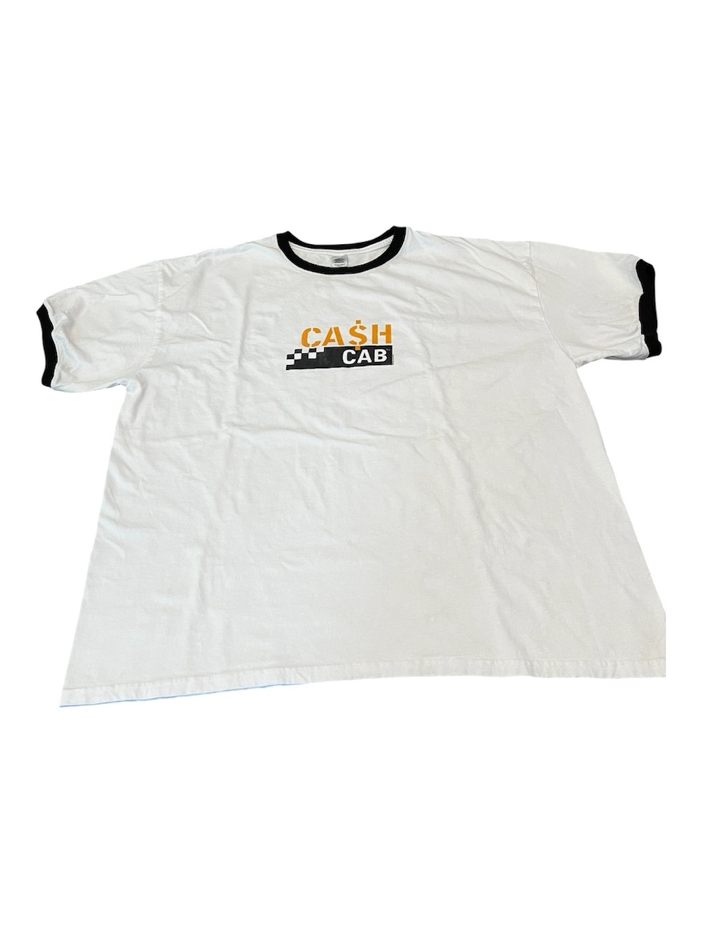 Cash Cab Graphic Ringer Tee - White with Black & Yellow Logo XXL